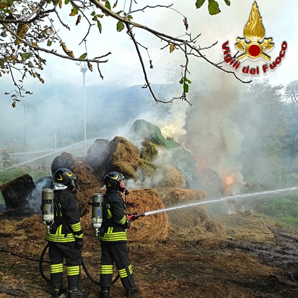 in fiamme una catasta di rotoballe di fieno a traona