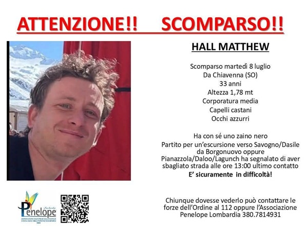proseguono le ricerche in valchiavenna del 33enne inglese matthew hall