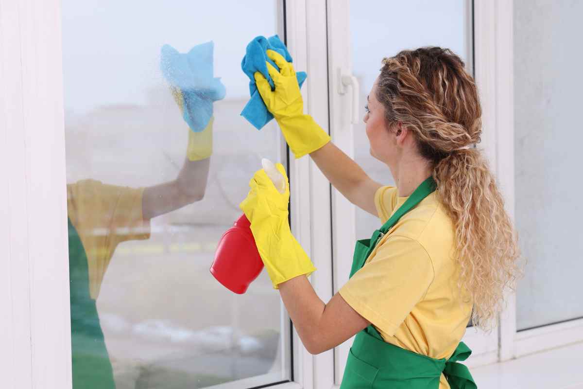 donna pulisce i vetri- Il trucco a costo zero per sgrassare i vetri in pochi minuti
