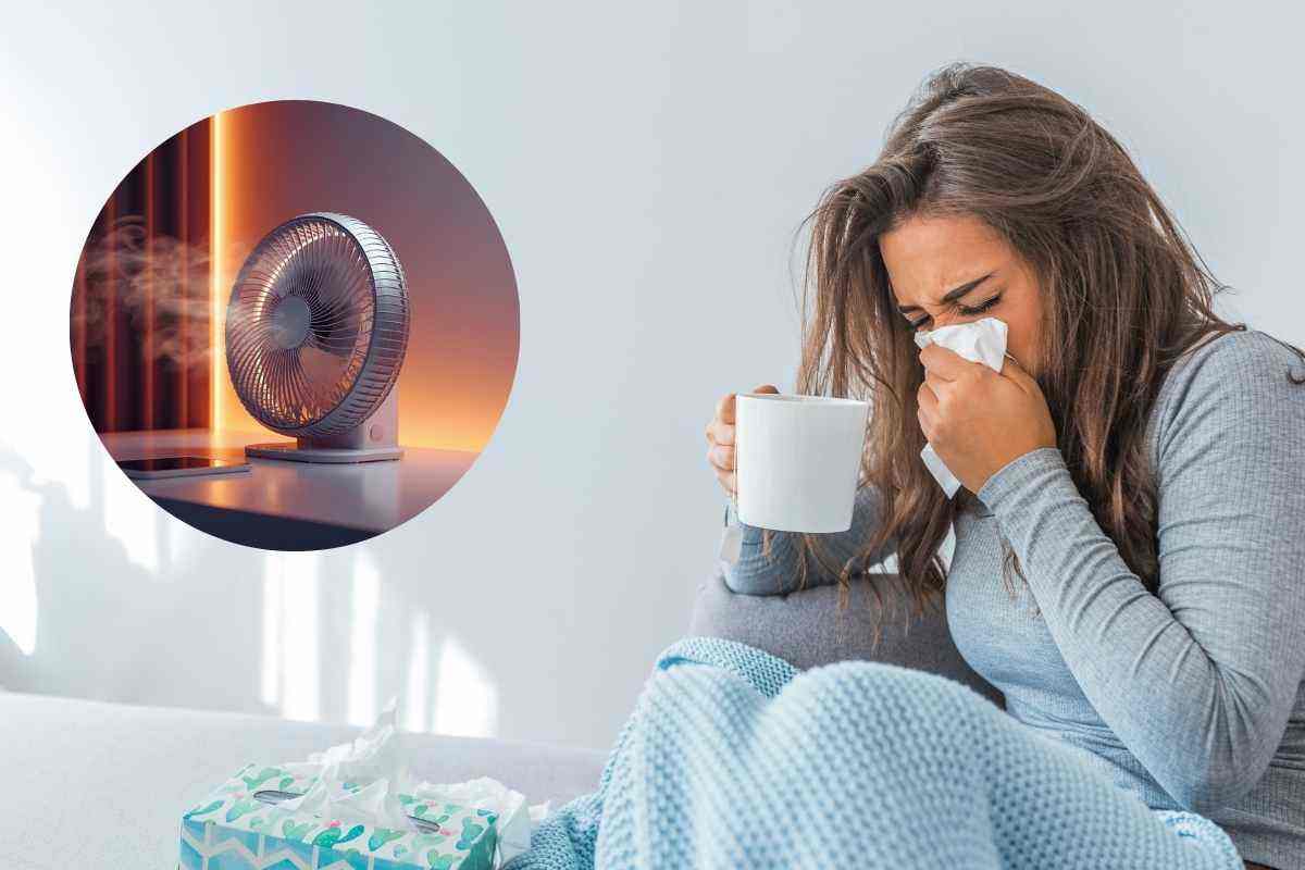 donna sul divano e ventilatore Scalda casa in pochi minuti e taglia le bollette